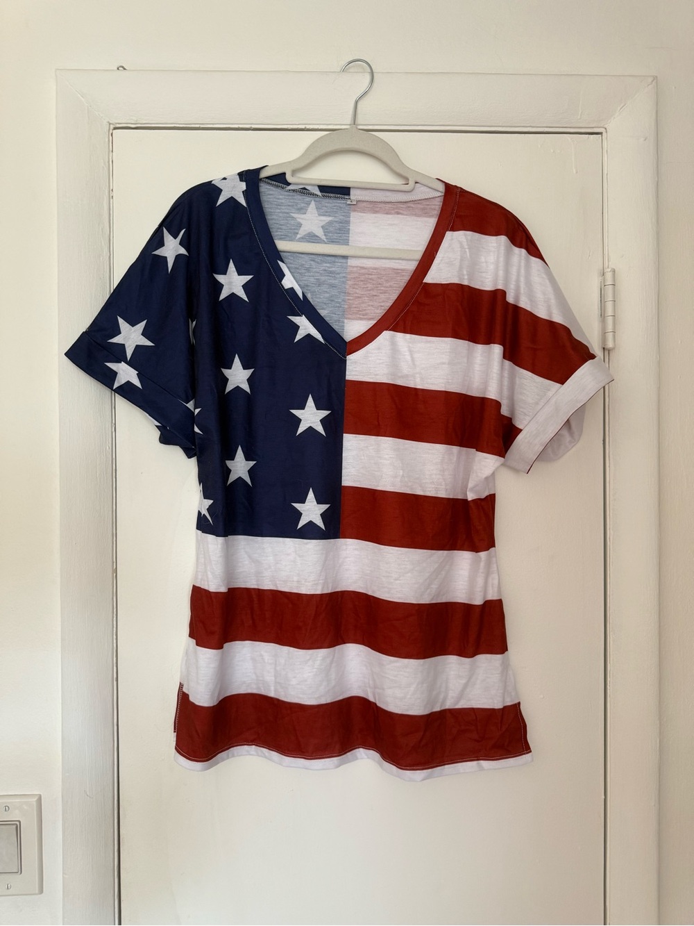 Women's V-Neck Flag Print Tee - Red, White & Blue